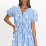 Antibes Tie Front Puff Sleeve Mini Dress Light Blue