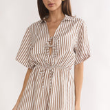 Devon Tie Front Romper Stripe Chocolate