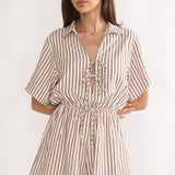Devon Tie Front Romper Stripe Chocolate