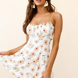 Sail Away Gathered Bust Frill Trim Summer Dress Floral Print White