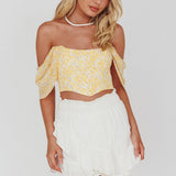 Brandy Off-Shoulder Pointed Hem Crop Top Mottled Print Yellow
