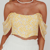 Brandy Off-Shoulder Pointed Hem Crop Top Mottled Print Yellow