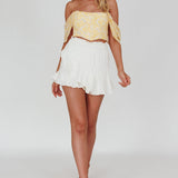 Brandy Off-Shoulder Pointed Hem Crop Top Mottled Print Yellow