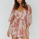First Light Puff Sleeve Elasticated Waist Romper Floral Print Rose