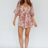 First Light Puff Sleeve Elasticated Waist Romper Floral Print Rose