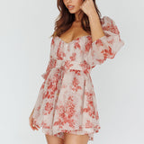 First Light Puff Sleeve Elasticated Waist Romper Floral Print Rose