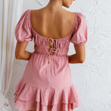 First Light Puff Sleeve Ruffle Dress Rose
