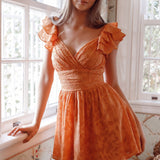 Lola Ruffle Shoulder Ruched Dress Textured Orange
