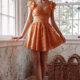 Lola Ruffle Shoulder Ruched Dress Textured Orange