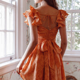 Lola Ruffle Shoulder Ruched Dress Textured Orange