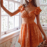 Lola Ruffle Shoulder Ruched Dress Textured Orange