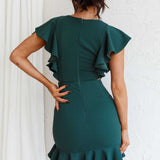 Cupid's Bow Ruffle Shoulder Bodycon Dress Forest Green