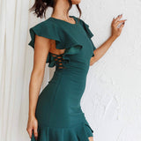 Cupid's Bow Ruffle Shoulder Bodycon Dress Forest Green