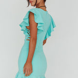 Cupid's Bow Ruffle Shoulder Bodycon Dress Teal