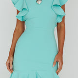 Cupid's Bow Ruffle Shoulder Bodycon Dress Teal