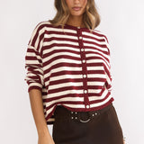 Ivyn Button Front Knitwear Top Stripe Crimson