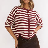 Ivyn Button Front Knitwear Top Stripe Crimson