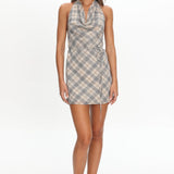LIONESS Banks Halter Mini Dress Beige Plaid
