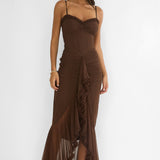 Noelia Gathered Waist Frill Trim Maxi Dress Chocolate
