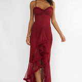 Noelia Gathered Waist Frill Trim Maxi Dress Wine