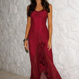 Noelia Gathered Waist Frill Trim Maxi Dress Wine