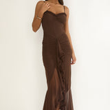 Noelia Gathered Waist Frill Trim Maxi Dress Chocolate