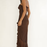 Noelia Gathered Waist Frill Trim Maxi Dress Chocolate