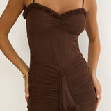 Noelia Gathered Waist Frill Trim Maxi Dress Chocolate