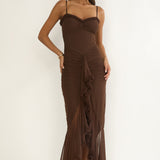 Noelia Gathered Waist Frill Trim Maxi Dress Chocolate