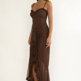 Noelia Gathered Waist Frill Trim Maxi Dress Chocolate