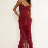 Noelia Gathered Waist Frill Trim Maxi Dress Wine