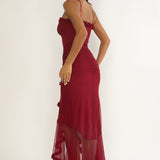 Noelia Gathered Waist Frill Trim Maxi Dress Wine