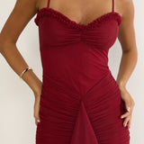 Noelia Gathered Waist Frill Trim Maxi Dress Wine