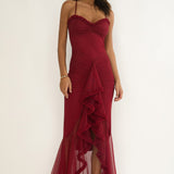 Noelia Gathered Waist Frill Trim Maxi Dress Wine