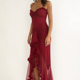 Noelia Gathered Waist Frill Trim Maxi Dress Wine