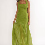 Galinda Ruched Bodice Halterneck Maxi Dress Olive