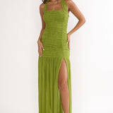 Galinda Ruched Bodice Halterneck Maxi Dress Olive