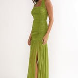 Galinda Ruched Bodice Halterneck Maxi Dress Olive