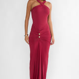Delaina Ruched Waist Gold Accent Maxi Dress Wine
