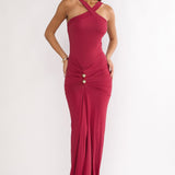 Delaina Ruched Waist Gold Accent Maxi Dress Wine