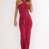 Delaina Ruched Waist Gold Accent Maxi Dress Wine