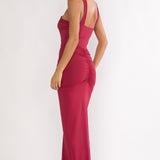 Delaina Ruched Waist Gold Accent Maxi Dress Wine