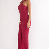 Delaina Ruched Waist Gold Accent Maxi Dress Wine