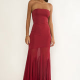 Velvet Rope Strapless Mesh Maxi Dress Wine
