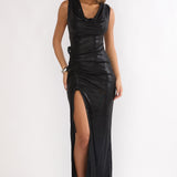 Lyrah Cowl Ruched Maxi Dress Black