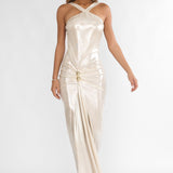 Delaina Ruched Waist Gold Accent Maxi Dress Pearl
