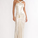 Delaina Ruched Waist Gold Accent Maxi Dress Pearl