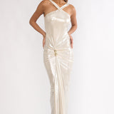 Delaina Ruched Waist Gold Accent Maxi Dress Pearl