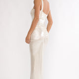 Delaina Ruched Waist Gold Accent Maxi Dress Pearl