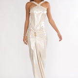 Delaina Ruched Waist Gold Accent Maxi Dress Pearl
